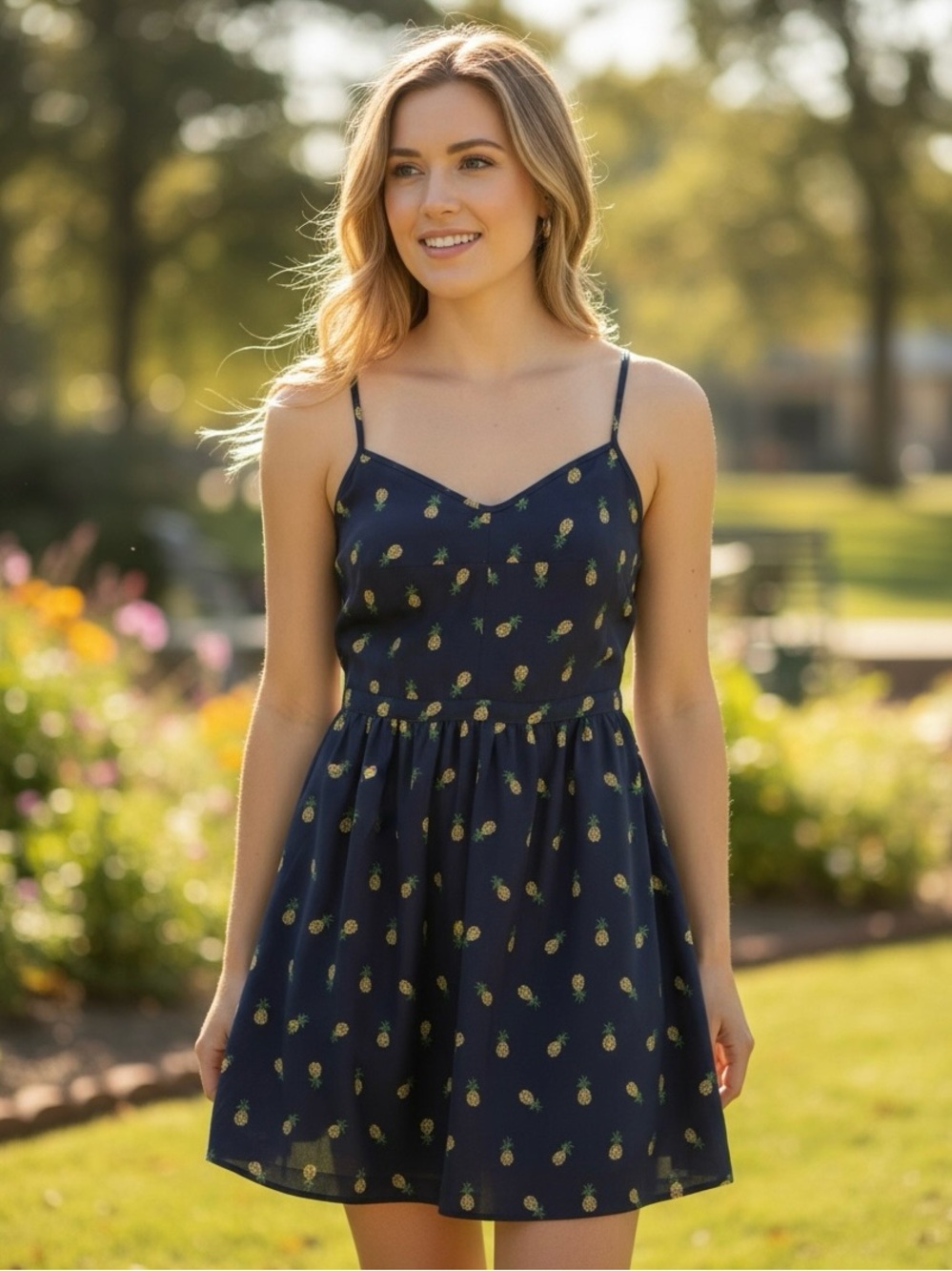 J.Crew Navy Pineapple Print Spaghetti Strap Mini Dress Pockets Size 0